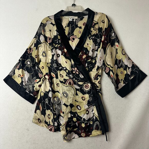 MARINA RINALDI blouse kimono sz 16 100% silk black tan floral front tie NEW - Picture 1 of 7